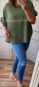 Pleated Frill Crepe Feel Top - Khaki