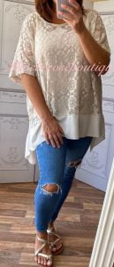 Lace Frill Dipped Hem 2 Part Top - Sand