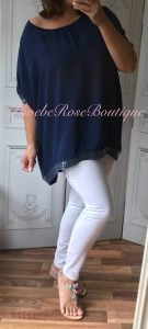 Loose Fit Sequin Trim Top - Navy