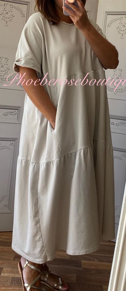 Sports Sweat Feel Midi Smock Tiered Dress - Stone - Image 3
