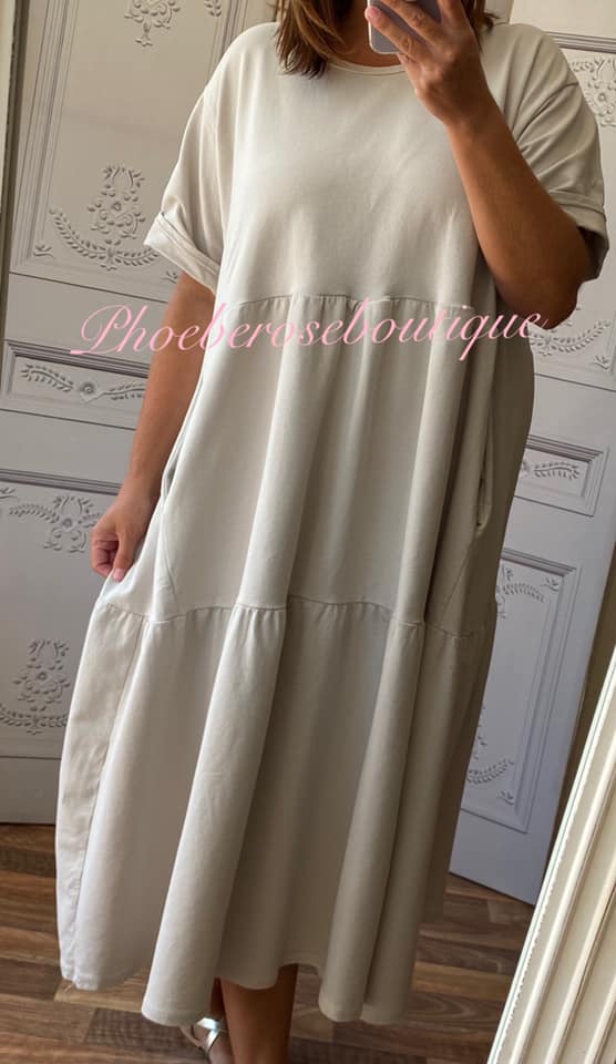 Sports Sweat Feel Midi Smock Tiered Dress - Stone