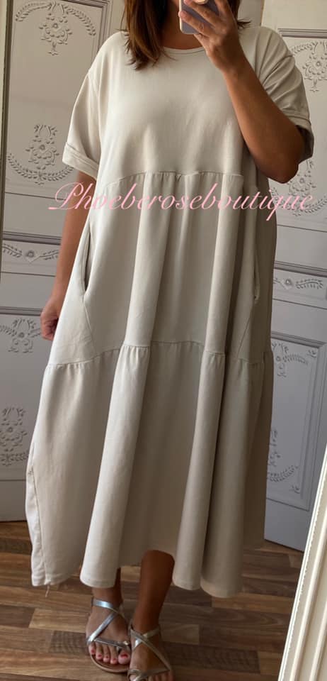 Sports Sweat Feel Midi Smock Tiered Dress - Stone