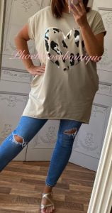 Lepo Heart Stretch Jersey Cap Sleeve Pocket Tunic Top - Stone