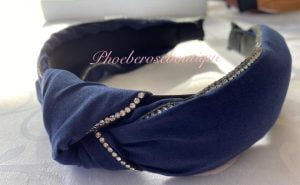 Diamante Trim Fabric Chunky Knot Headband - Navy