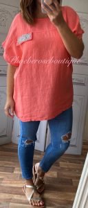 Crystal Embellished Linen Loose Fit Top - Coral