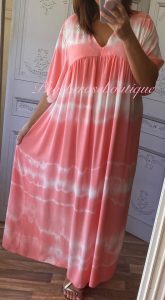 Lux Tie Dye Kaftan Look Sleeve Maxi Dress - Coral