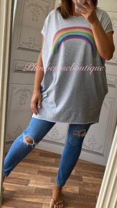Rainbow Stretch Jersey Cap Sleeve Pocket Tunic Top - Grey