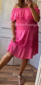 Lace Panel Bardot Dress - Fuschia