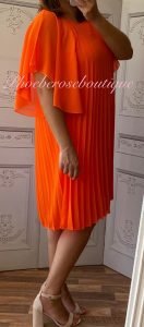 Pleated Chiffon Angel Wing Sleeve Dress - Orange