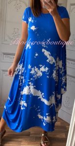 Splash Print Jersey Drape Cap Sleeve Dress - Royal Blue