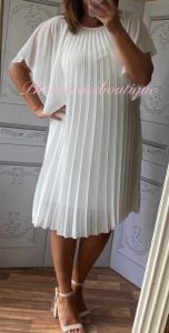 Pleated Chiffon Angel Wing Sleeve Dress - Cream