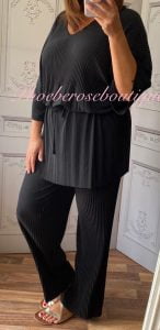 Soft Ribbed 2 Piece Oversized Belted Trouser Suit - Black