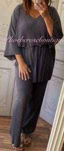 Soft Ribbed 2 Piece Oversized Belted Trouser Suit - Dark Grey