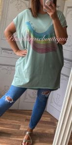 Rainbow 'It will be ok' Stretch Jersey Cap Sleeve Pocket Tunic Top - Soft Green