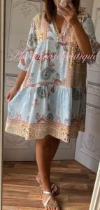 Paisley Block Print Tiered Smock/Tunic Dress - Soft Blue Mix