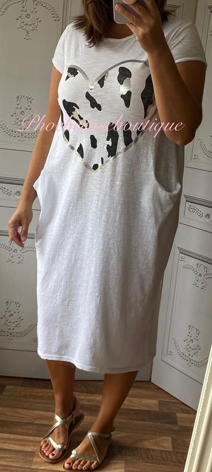 Lepo Heart Jersey Cap Sleeve Pocket Midi Dress - White - Image 3