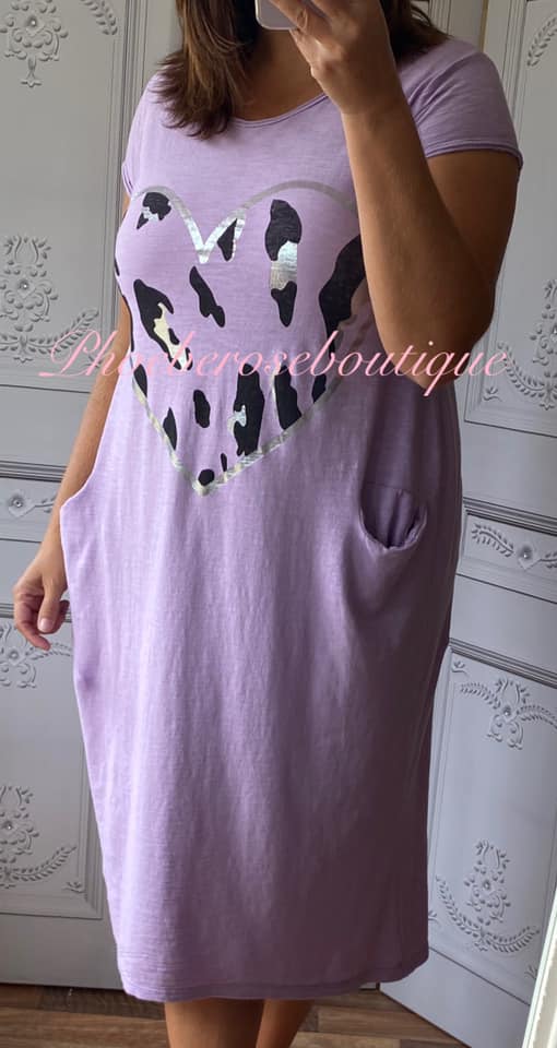 Lepo Heart Jersey Cap Sleeve Pocket Midi Dress - Lilac