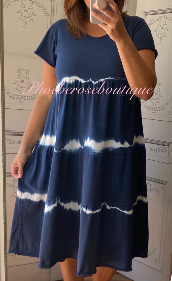 Tie Dye Tiered Smock Midi Dress - Navy