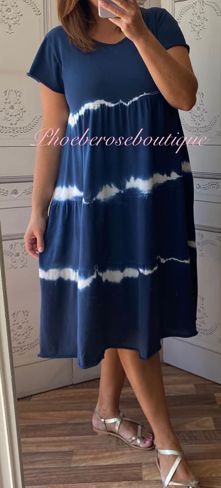 Tie Dye Tiered Smock Midi Dress - Navy - Image 3