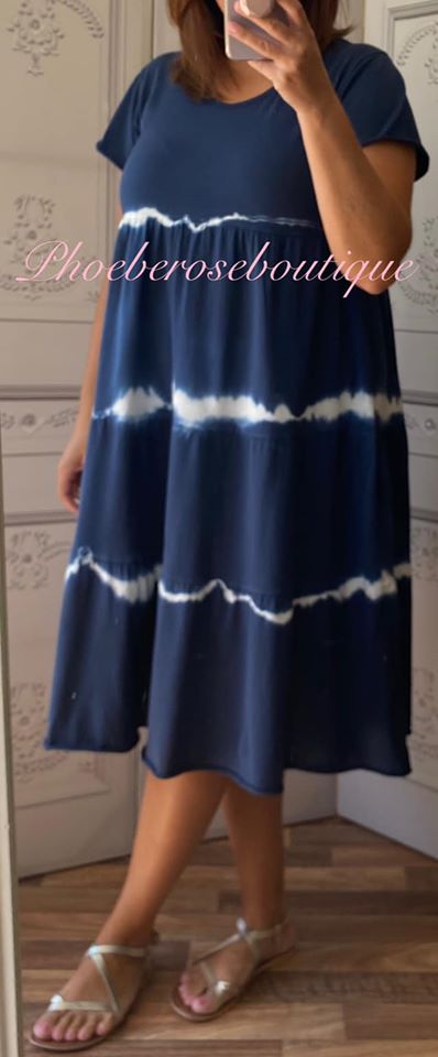 Tie Dye Tiered Smock Midi Dress - Navy