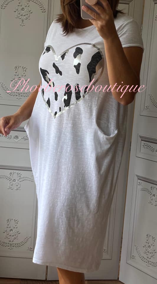 Lepo Heart Jersey Cap Sleeve Pocket Midi Dress - White