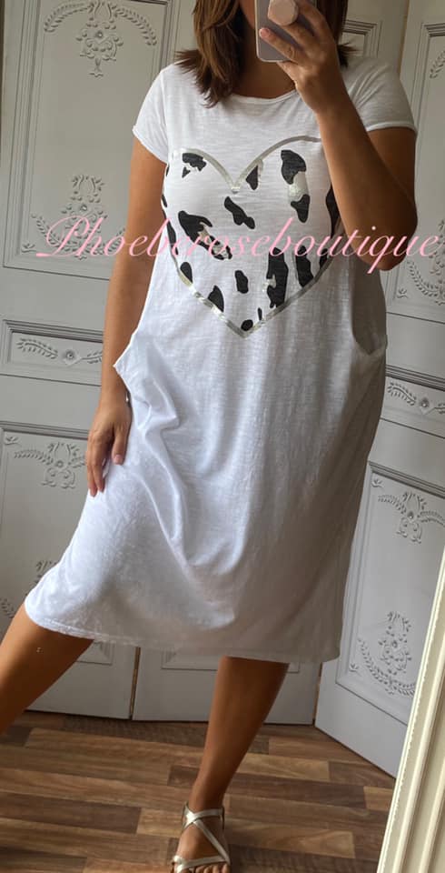 Lepo Heart Jersey Cap Sleeve Pocket Midi Dress - White