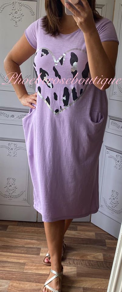 Lepo Heart Jersey Cap Sleeve Pocket Midi Dress - Lilac - Image 3