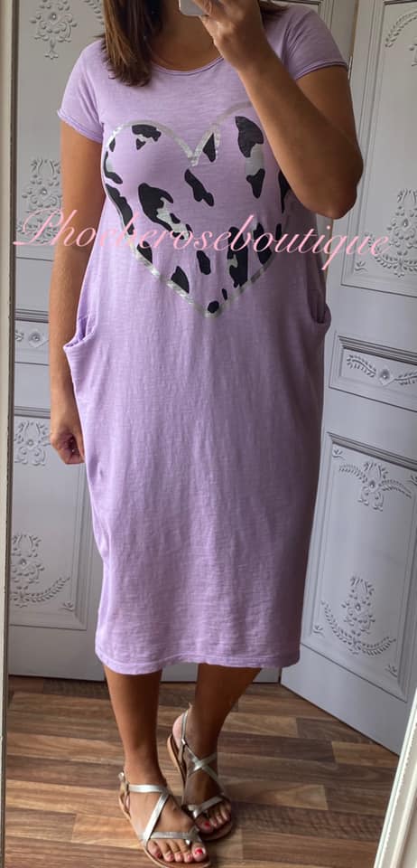 Lepo Heart Jersey Cap Sleeve Pocket Midi Dress - Lilac