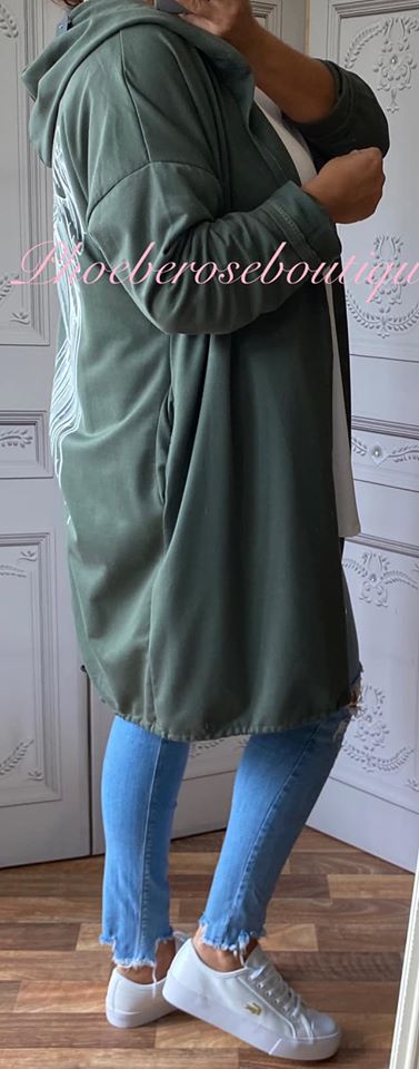 Angelwing Back Lightweight Sweat Longline Hooded Jacket - Khaki