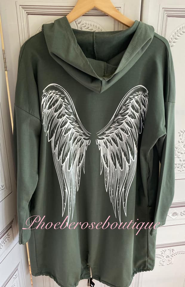 Angelwing Back Lightweight Sweat Longline Hooded Jacket - Khaki