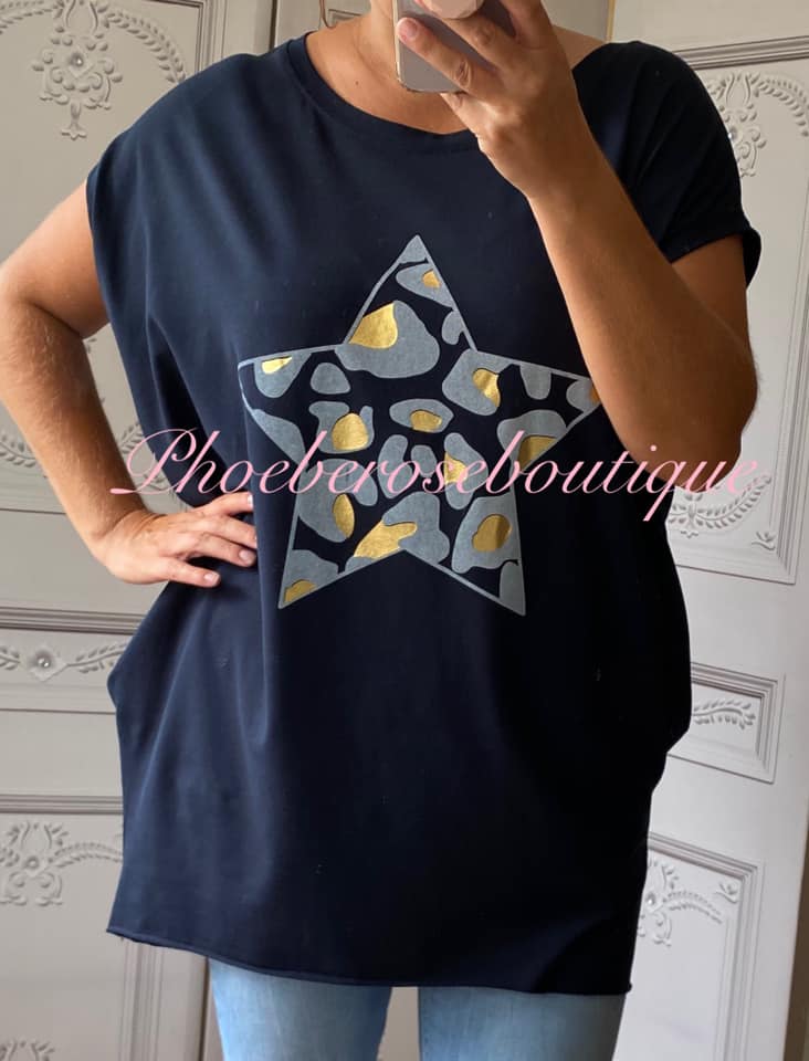 Lepo Star Stretch Jersey Cap Sleeve Pocket Tunic Top - Navy