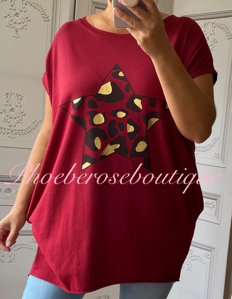Lepo Star Stretch Jersey Cap Sleeve Pocket Tunic Top - Deep Red