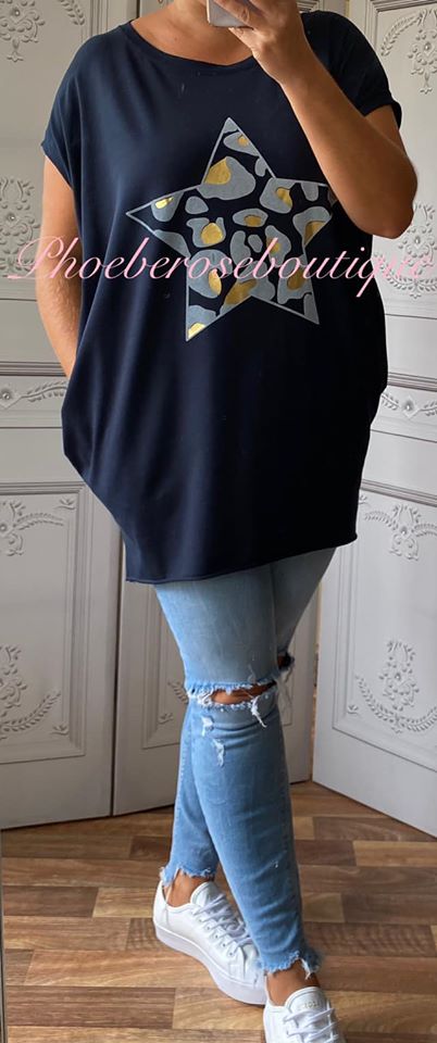 Lepo Star Stretch Jersey Cap Sleeve Pocket Tunic Top - Navy