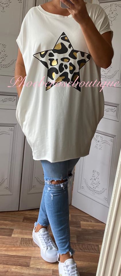 Lepo Star Stretch Jersey Cap Sleeve Pocket Tunic Top - Cream - Image 3