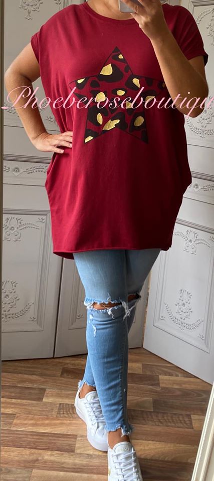 Lepo Star Stretch Jersey Cap Sleeve Pocket Tunic Top - Deep Red