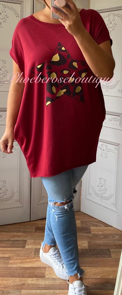 Lepo Star Stretch Jersey Cap Sleeve Pocket Tunic Top - Deep Red - Image 3