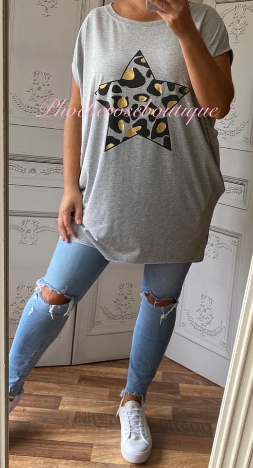 Lepo Star Stretch Jersey Cap Sleeve Pocket Tunic Top - Soft Grey