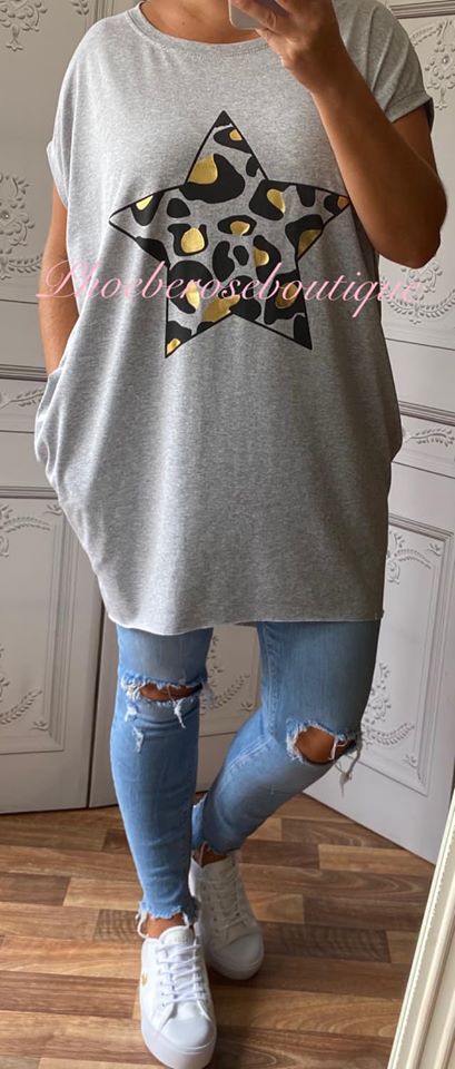 Lepo Star Stretch Jersey Cap Sleeve Pocket Tunic Top - Soft Grey - Image 3