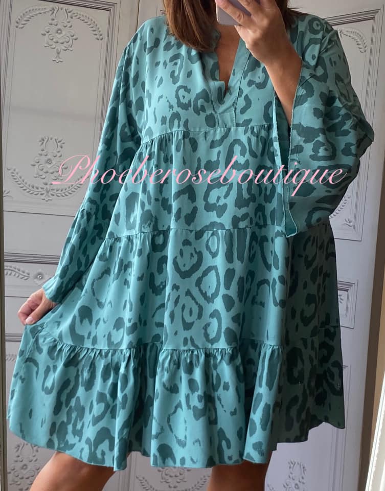 Animal Print Tiered Boho Tunic/Dress - Teal