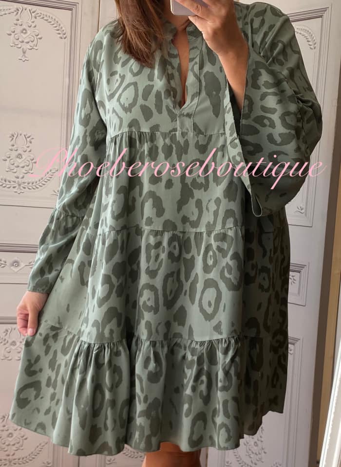 Animal Print Tiered Boho Tunic/Dress - Khaki