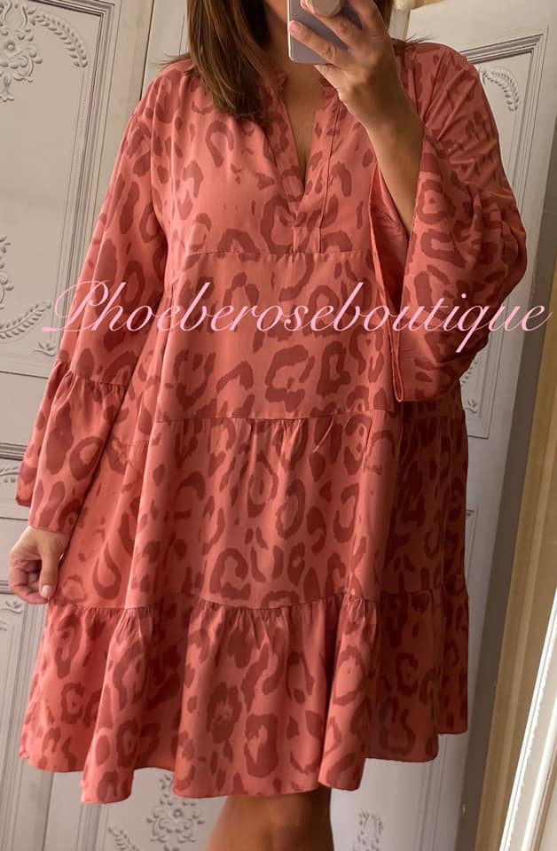 Animal Print Tiered Boho Tunic/Dress - Terracotta