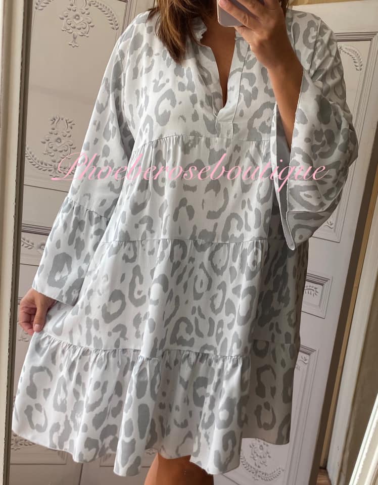 Animal Print Tiered Boho Tunic/Dress - Silver Grey