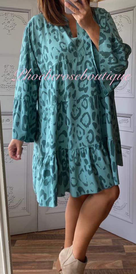 Animal Print Tiered Boho Tunic/Dress - Teal