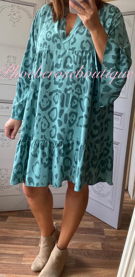 Animal Print Tiered Boho Tunic/Dress - Teal - Image 3