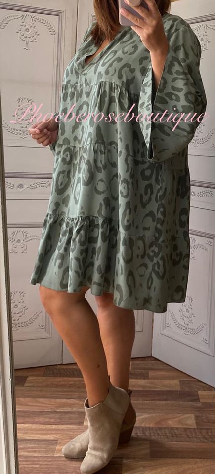 Animal Print Tiered Boho Tunic/Dress - Khaki - Image 3