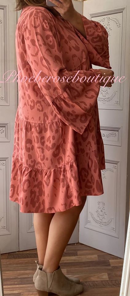 Animal Print Tiered Boho Tunic/Dress - Terracotta