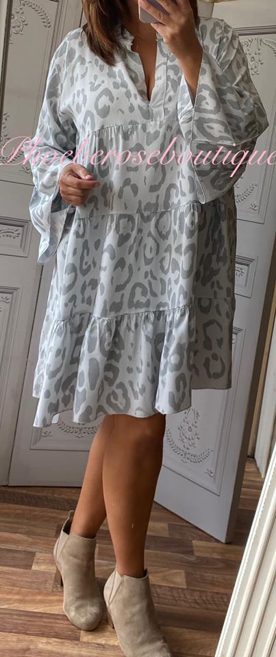 Animal Print Tiered Boho Tunic/Dress - Silver Grey