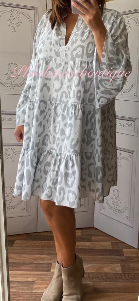 Animal Print Tiered Boho Tunic/Dress - Silver Grey - Image 3