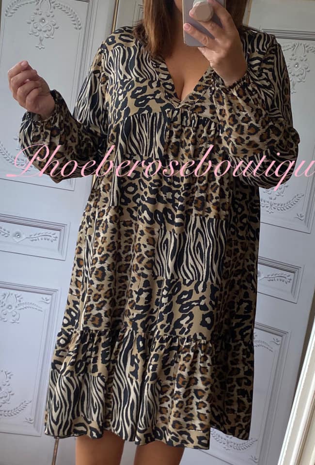 Animal Print V Neck Long Sleeve Tiered Dress - Classic