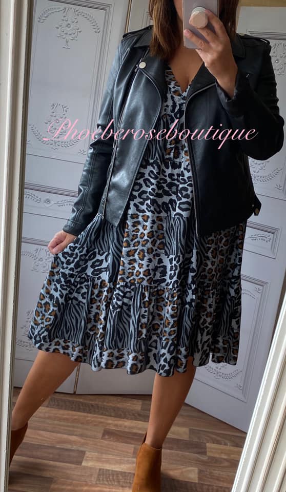 Animal Print V Neck Long Sleeve Tiered Dress - Grey